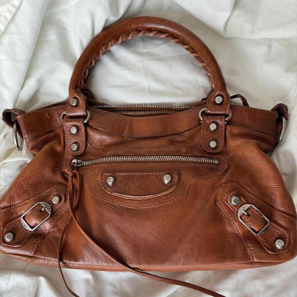 Auth Balenciaga 2003 Dark Caramel Chevre Leather First with Pewter HW